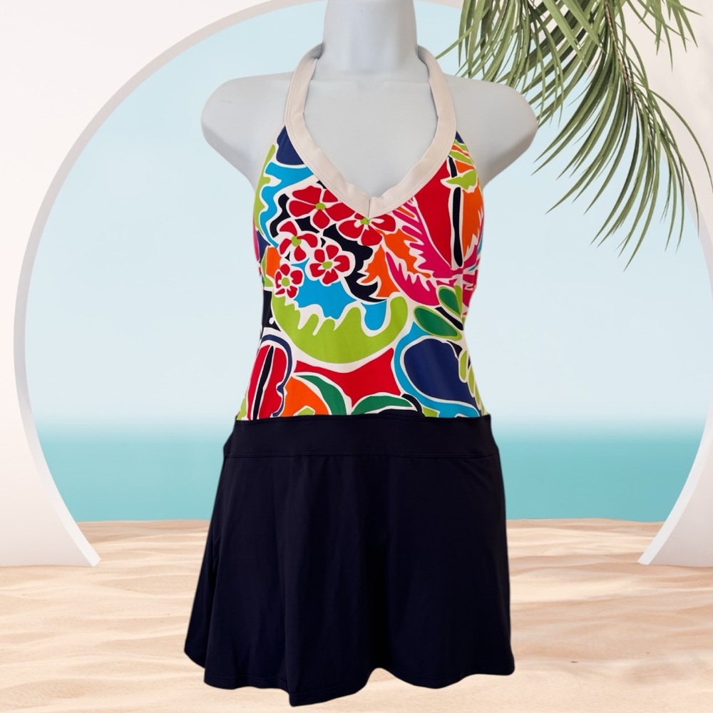 NAUTICA SWIMDRESS. SIZE M HALTER FLATTERING ONE PIECE, SKIRT BOTTOM SWIMSUIT NWT